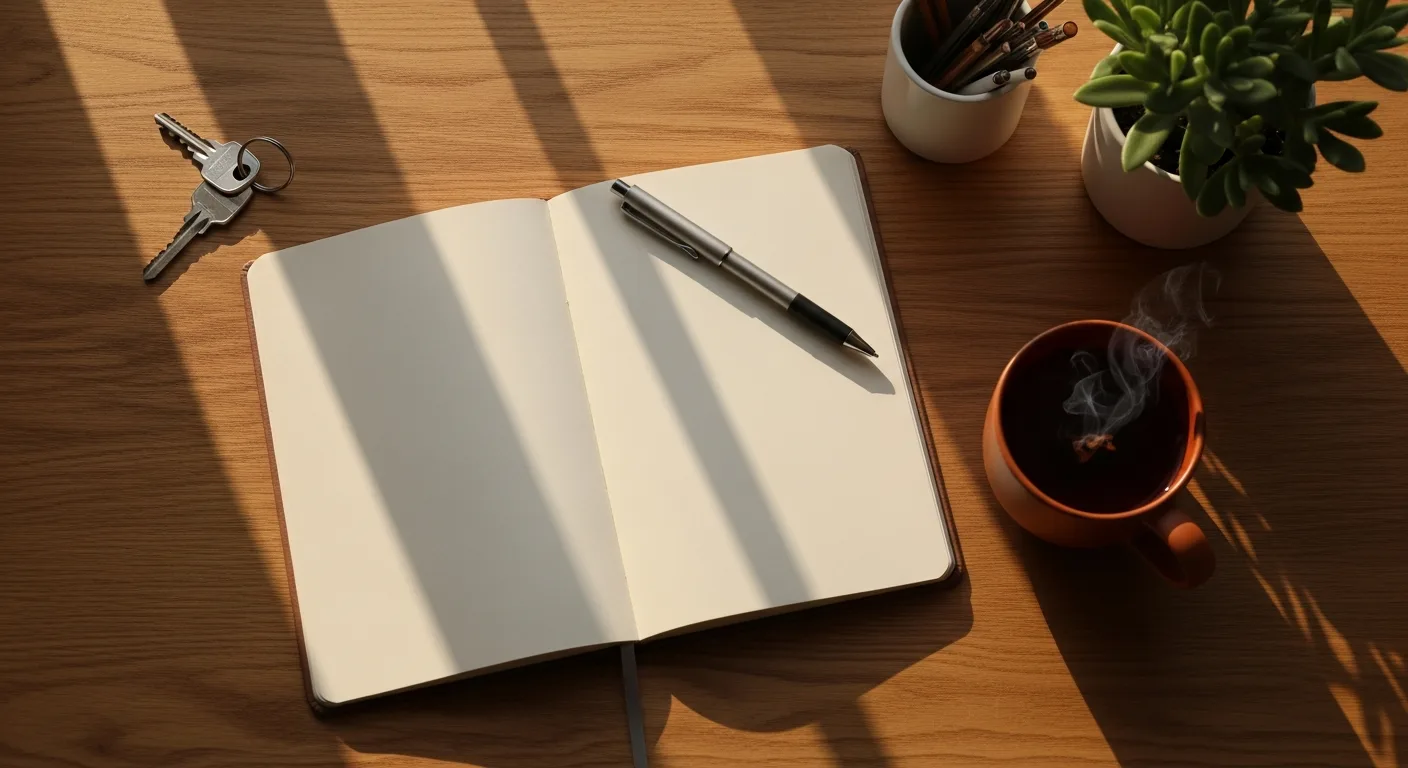 Notebook, pen and car keys on a desk — planning a dash cam purchase