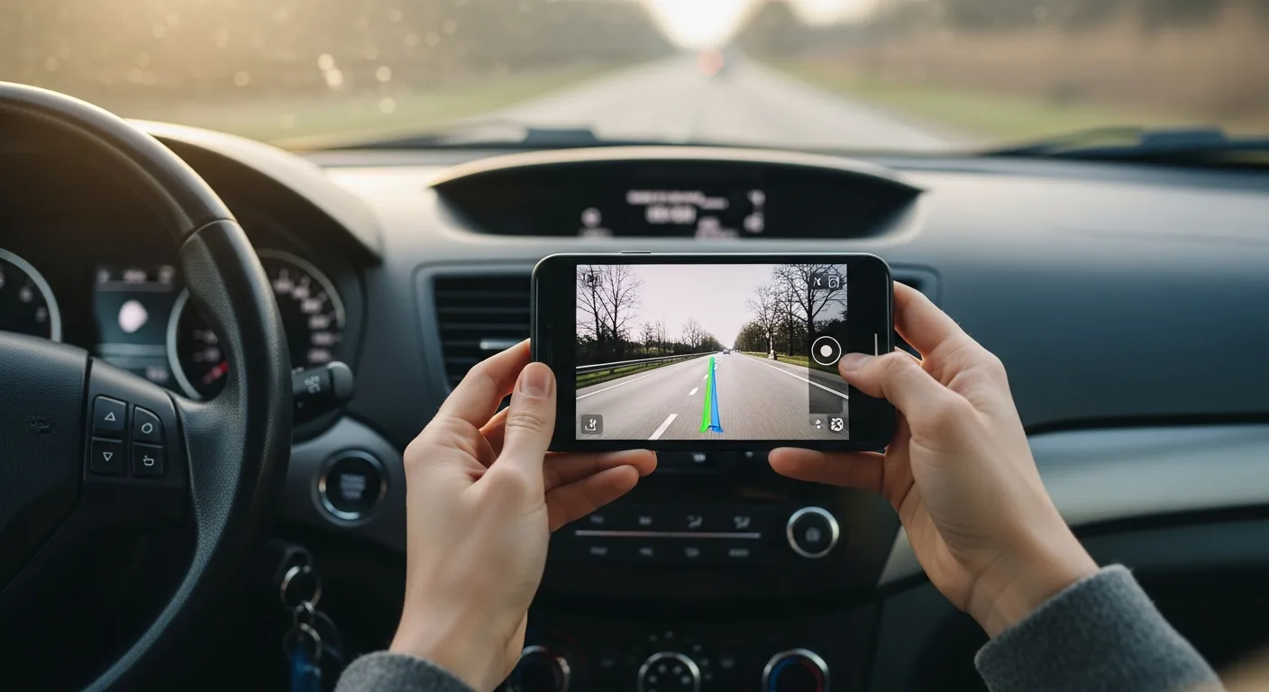 Hands holding a smartphone in a parked car, reviewing driving footage