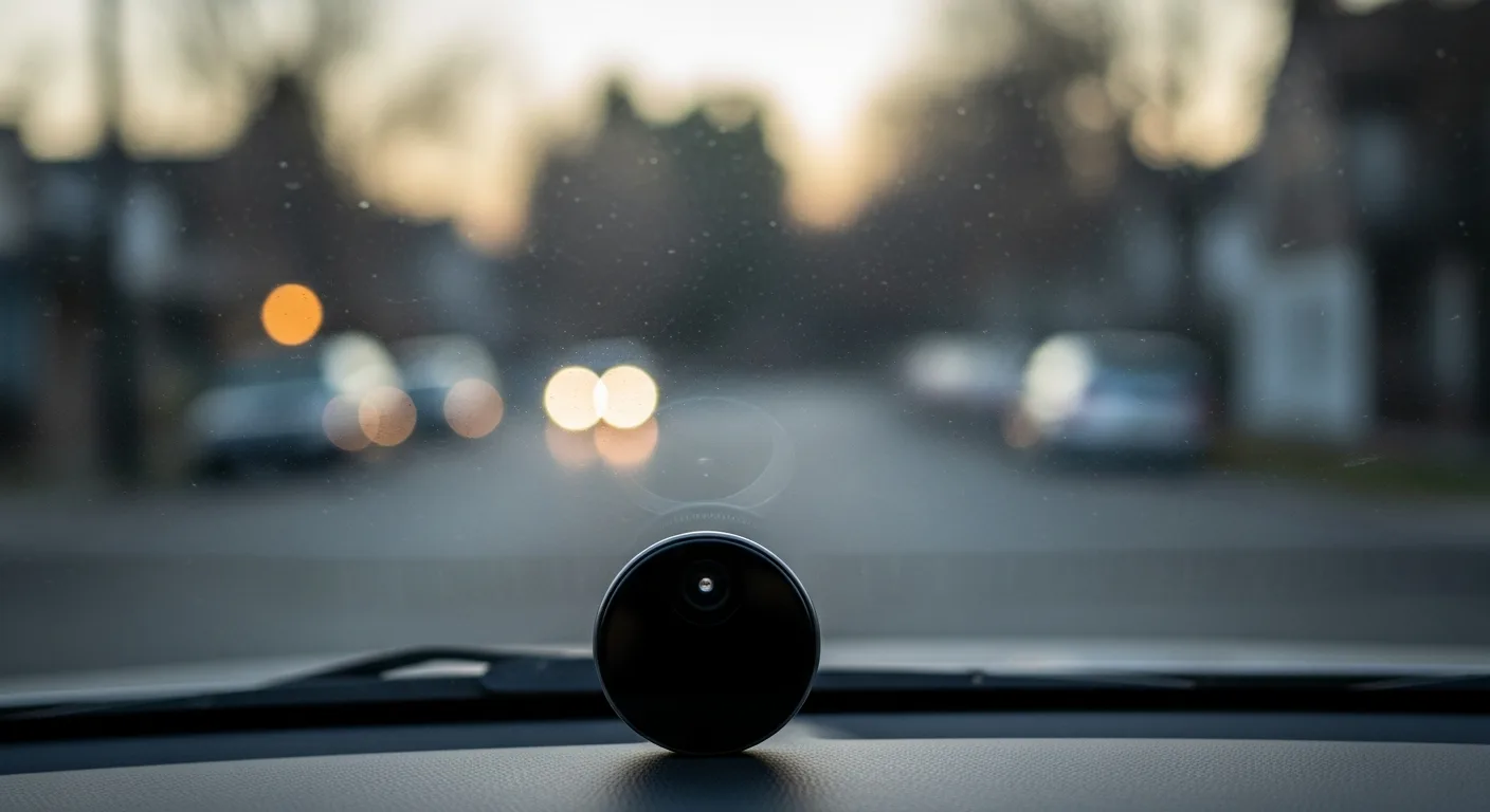 Windscreen-mounted camera silhouette seen from inside a car cabin