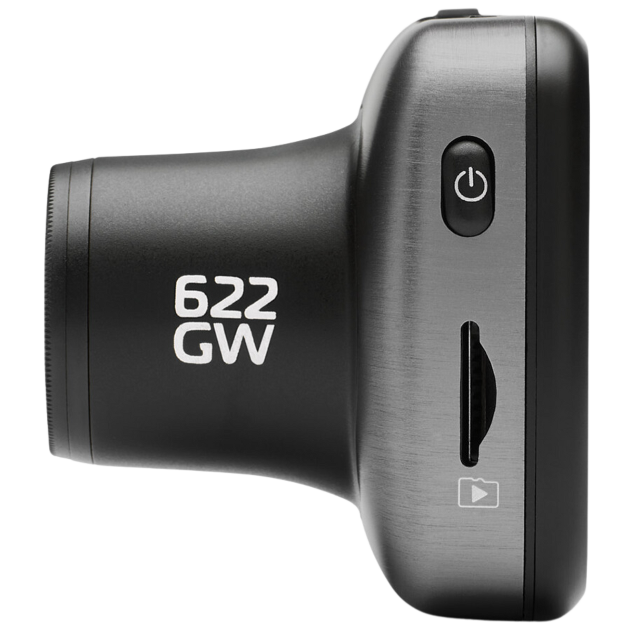 Side profile of the Nextbase 622GW showing the power button and microSD card slot