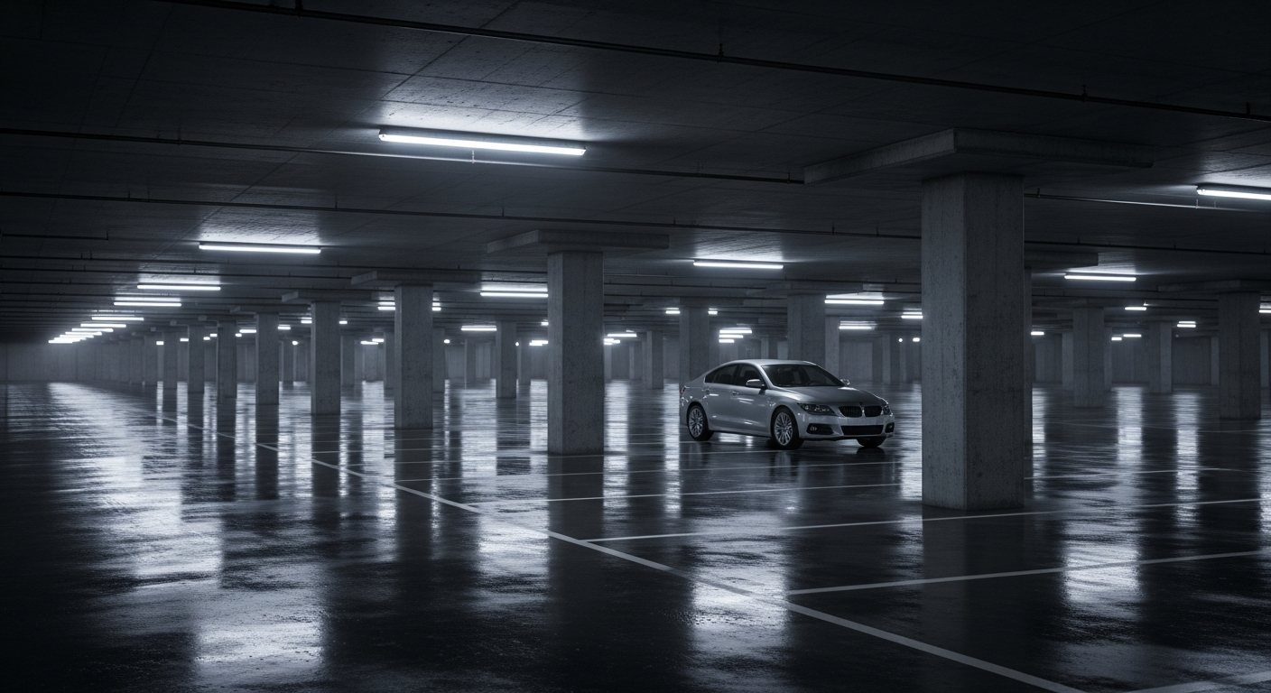 A single car parked alone in a quiet, empty underground car park at night
