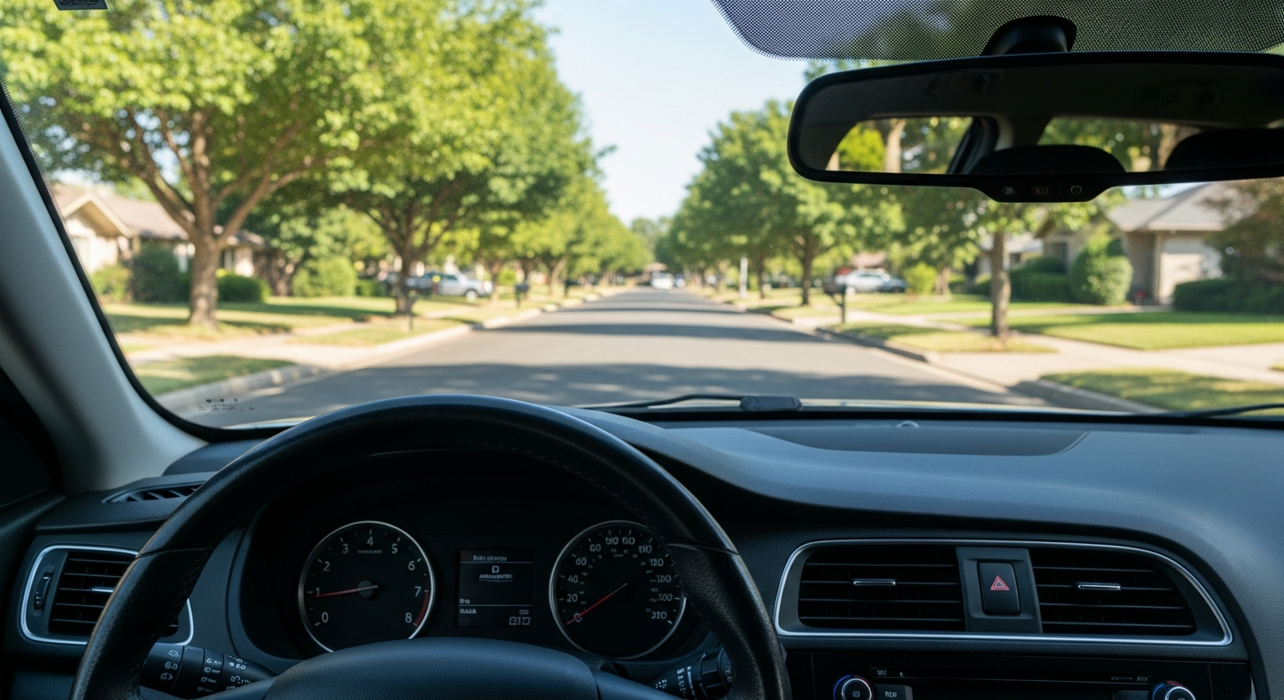 View from inside a car over the steering wheel and dashboard, looking out at a quiet suburban street