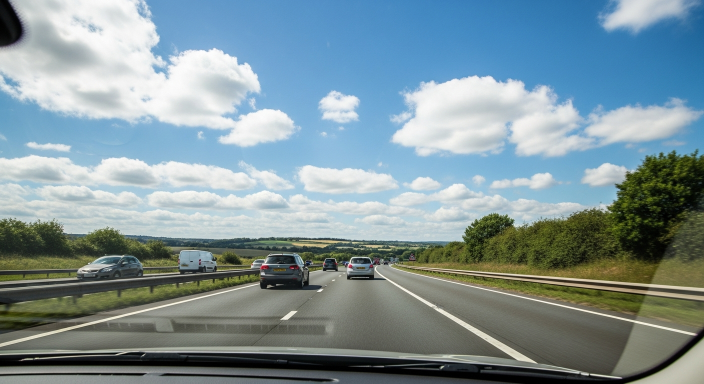 Driver's view through the windscreen of a flowing UK motorway on a clear day