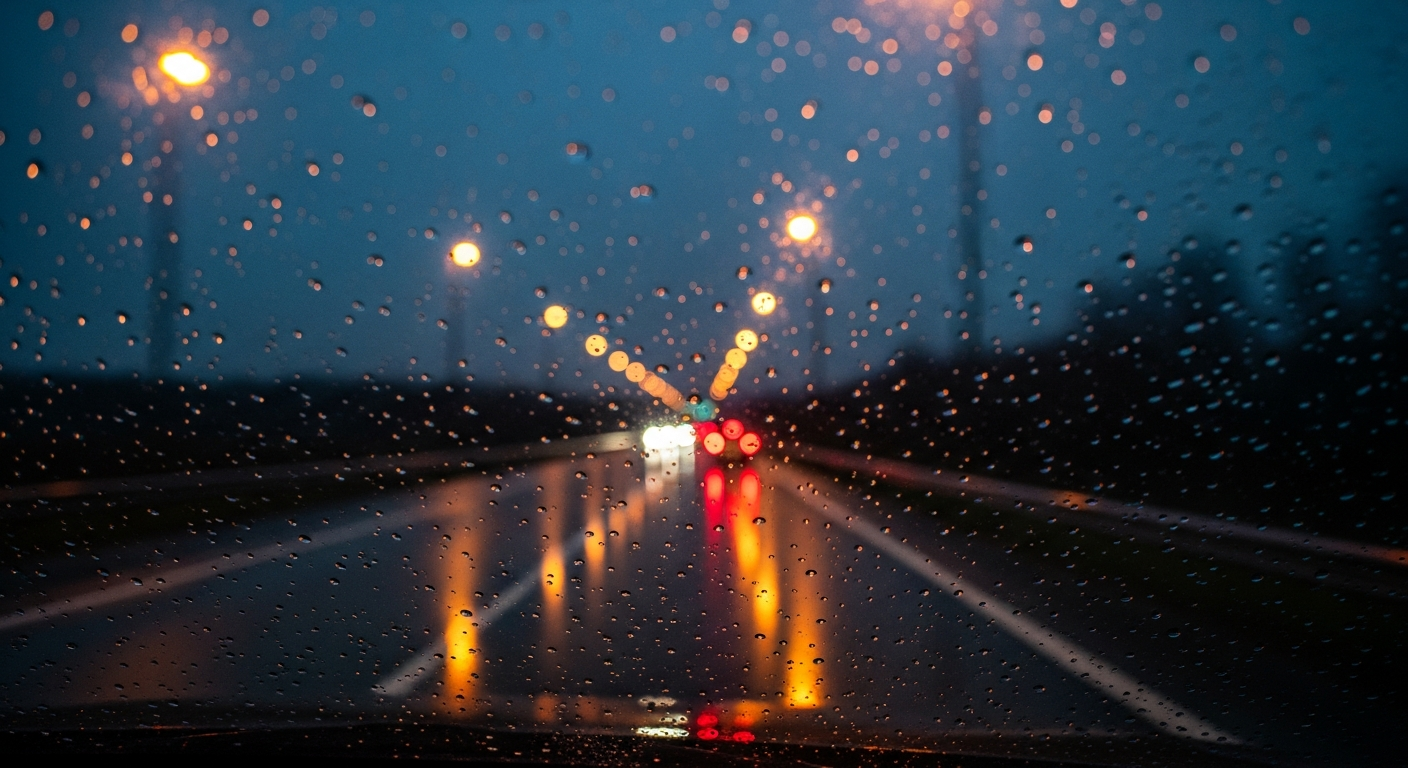 Rain-soaked road at night seen through a windscreen, with street lights and tail lights reflecting on wet tarmac